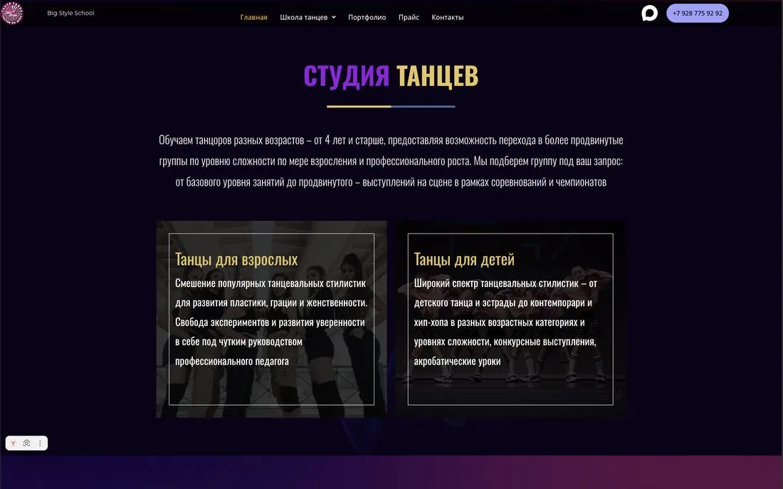 Старый блок «Студия танцев»: тёмные плашки с текстом