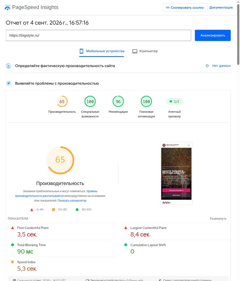 Отчёт PageSpeed Insights для телефона после редизайна: 65 баллов