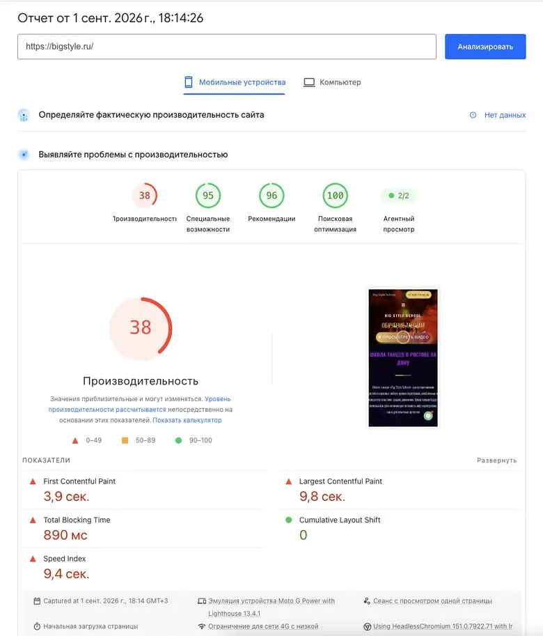 Отчёт PageSpeed Insights для телефона до редизайна: 38 баллов