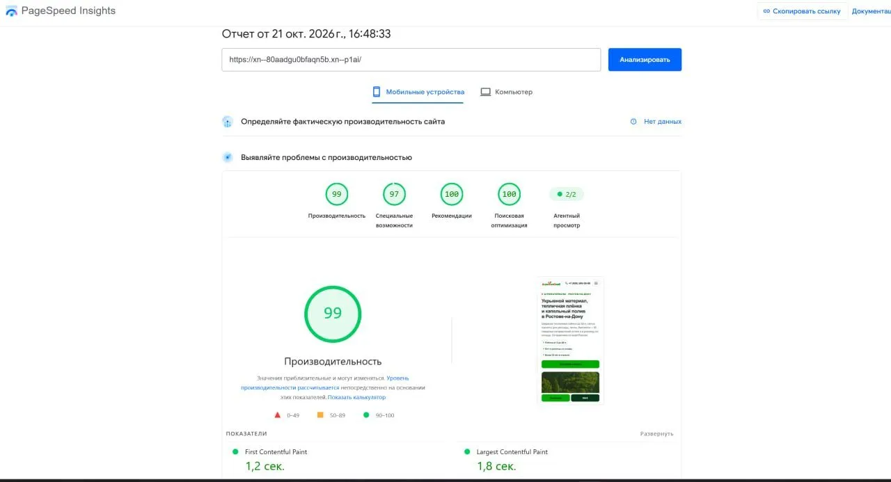 Отчёт PageSpeed Insights для телефона: производительность 99 из 100, поисковая оптимизация 100, главный блок первого экрана — за 1,8 секунды