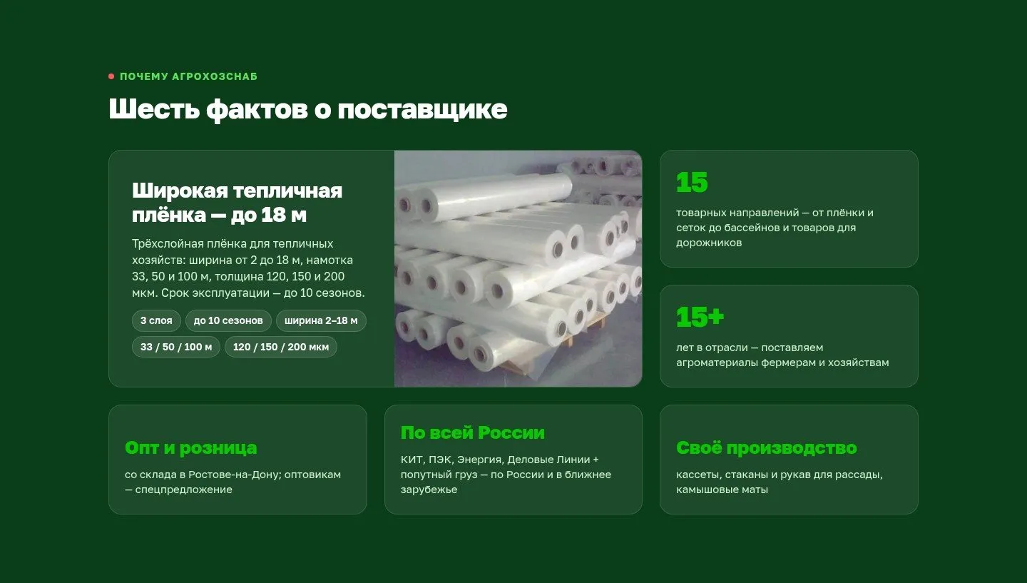Блок «Шесть фактов о поставщике»: тепличная плёнка шириной до 18 м, 15 направлений, опт и розница, доставка по России